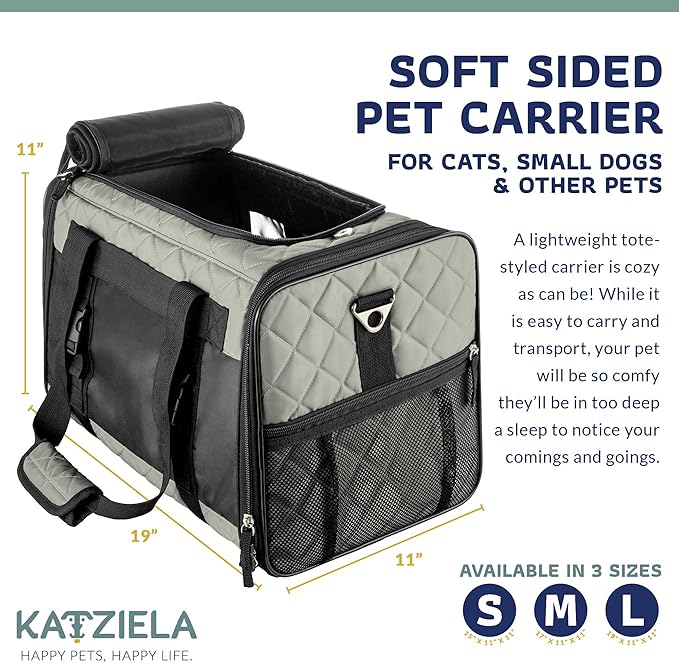 Deluxe Quilted Airline Approved Pet Dog & Cat Carrier for Airplane Travel - by Katziela (Large, Gray)
