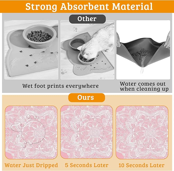 Pet Feeding Mat,Boho Mandala Absorbent Dog Cat Food Mat Pink Flower Dog Mat with Rubber Backing,Non-Slip Water Bowl Placemat,Pet Supplies 12" x 20"