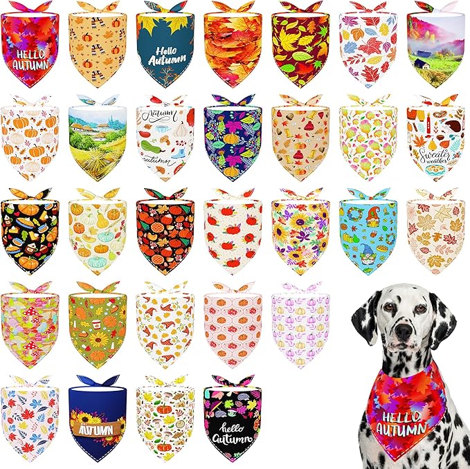 30 Pack Fall Dog Bandanas Bulk for Large Dogs 33 Inch XL Stitch Edge Dog Bandanas Adjustable Autumn Scarves Grooming L