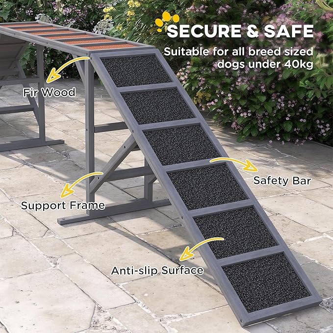 PawHut Wooden Dog Agility Equipment with Safety Bar, Non-Slip Surface, Dog Playground Ramp, Pet Obstacle Course for Backyard, Park, Walk and Pause Training, Gray