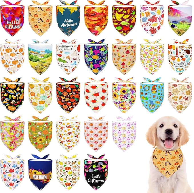 30 Pcs Fall Dog Bandanas Bulk 25 Inch Stitch Edge Dog Bandanas for Small Medium Dogs Breed Adjustable Autumn Scarves Grooming M