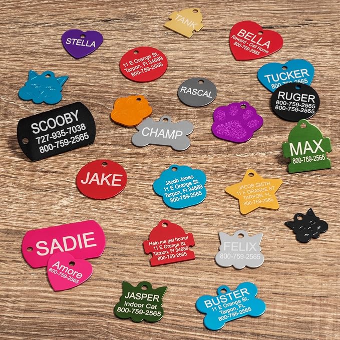 Providence Engraving Pet ID Tags - Small or Large Personalized Anodized Aluminum Pet Tags in Bone, Round, Star, Heart, Hydrant, Paw and Cat Face Shapes and 9 Colors for Dog and Cat