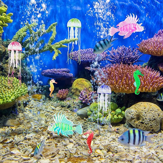 Patelai 8 Pcs Glow in The Dark Fish Tank Decorations Silicone Floating Artificial Jellyfish Fluorescent Lionfish Seahorse for Aquarium Decoration Small Large Fish Bowl Decor Accessories (Dreamy Color)
