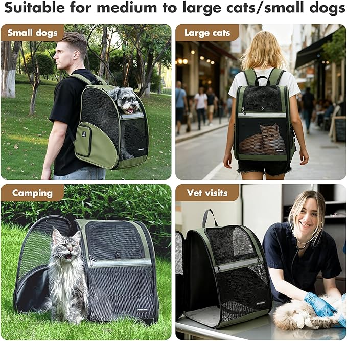 Pet Backpack Carrier, Large Cat Carrier Backpack Up to 20 Lbs with Breathable Mesh, for Medium Large Cats or Small Dogs, Travel Hiking Camping Backpack (DarkGreen-XL)