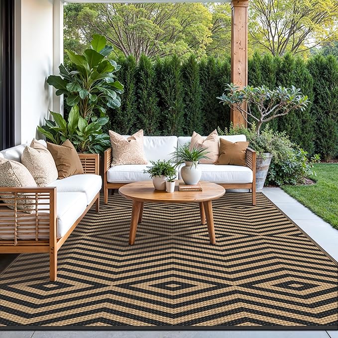 GENIMO Outdoor Rug for Patio Clearance, 6'x9' Reversible Plastic Straw Rugs, Lightweight Waterproof Modern RV Camping Mat for Camper, Balcony, Deck, Backyard, Picnic, Black Brown