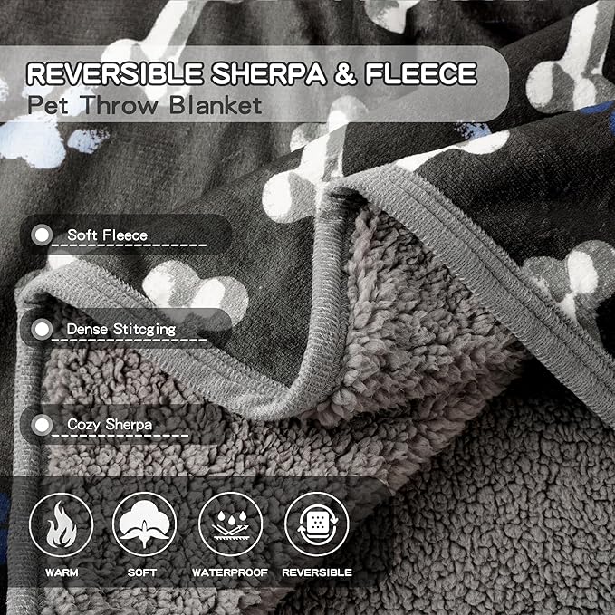 Waterproof Dog Blankets Pet Blanket, Soft Fluffy Sofa Car Bed Protector, Reversible Sherpa Fleece Dog Blanket for Large Dogs (Navy Paws, 60"x80")