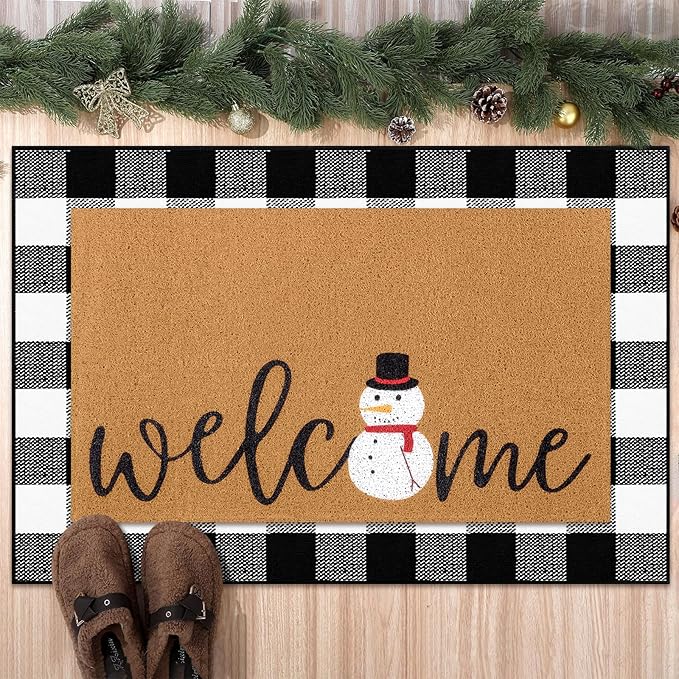 Tinideya 2 Pcs Winter Door Mat Snowman Welcome Non Slip Coir Mats Snow Black White Buffalo Plaid Floor Layering Doormats Seasonal for Front Porch Entryway Decor(Snowman)
