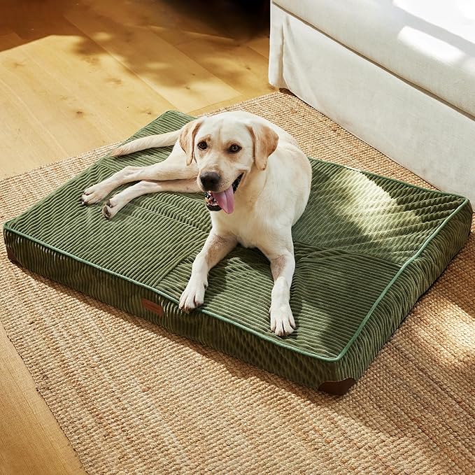 FUKUMARU Dog Bed, Thickened Corduroy Orthopedic Dog Beds with Washable Cover, XL Waterproof Dogs Bed for Crate, 28D Egg Crate Foam Support Pet Mat, Cozy Pet Bed Pad with Anti-Slip Bottom, Green