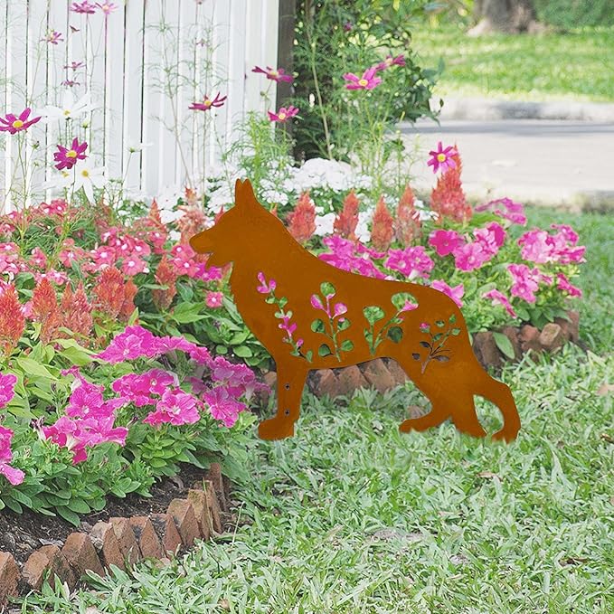 Dog Garden Stake - Unique Gift for Dog Lovers,Black Metal Outdoor Decor, Durable Yard Art Statue (Rust German Shepherd)