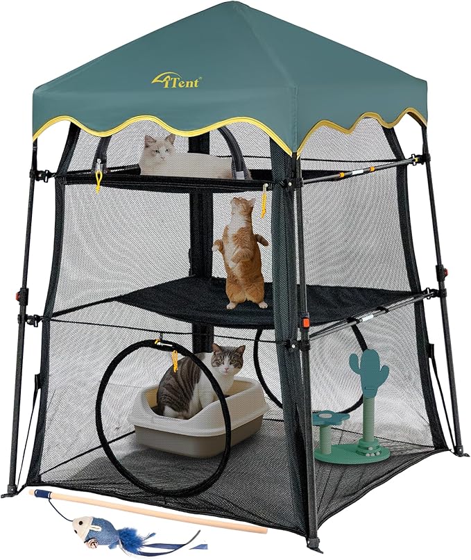 Instant 3-Tier Cat Catio Tent with 2 Interchangeable Covers (Scalloped Green + Black),X-Large Cat Enclosure for Indoor and Outdoor,3 Tier Cat Cage,Two Doors Design can Assemble More Shapes (Patented)