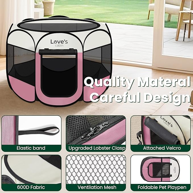 Love's cabin Pet Puppy Dog Playpen, Medium Dog Tent Crates Cage Indoor/Outdoor, Portable Playpen for Cat, Foldable Pop Up Dog Kennel Playpen with Carring Case, Removable Zipper Top, Light Pink