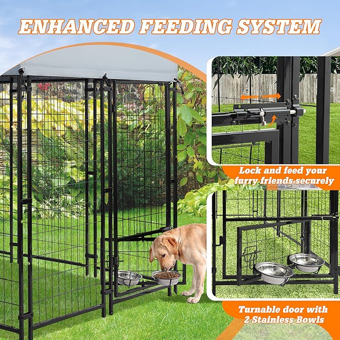 8x4x6 FT Outside Large Dog Kennel with roof - Outdoor Heavy Duty Welded Wire Steel Dog Playpen with Rotating Bowls, Dog Run Enclosure Crate Cage with Lockable Doors for Chicken, Rabbit
