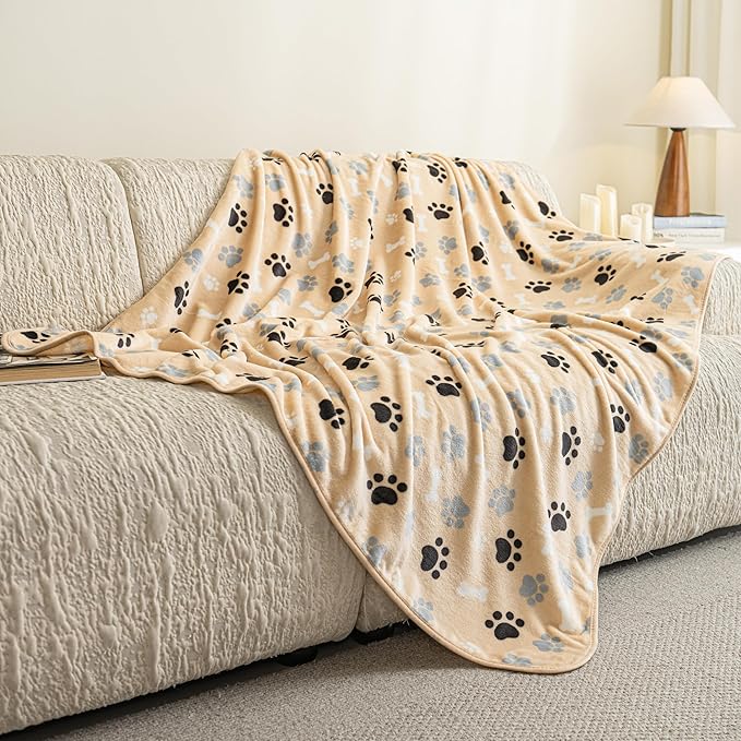 Dog Blanket Paw Bone Pattern 1 Pack 2 Super Soft Warm Flannel Sofa Cover Car Bed Protector, Urine Proof Washable Outdoor Pet Blanket for Puppy Large Dogs & Cats,40"*30" Beige