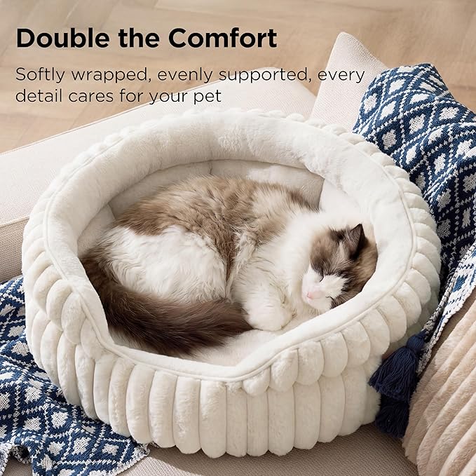 Bedsure ComfyFleece™ Cat Bed, Washable Round Cute Cat Beds for Indoor Cats, Super Soft Corduroy Pet Bed for Puppy and Kitten with Anti-Slip Bottom, 23''x23''x8.5'', Cream