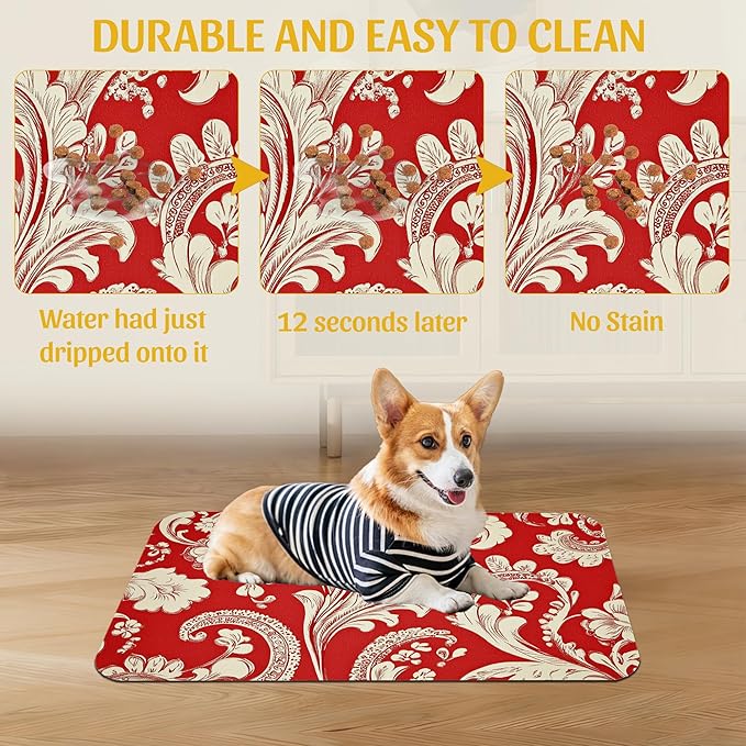 Red White Paisley Pet Food Mat, Absorbent Feeding Pad for Dogs and Cats, Waterproof Anti-Slip Base – 16x24 Inch