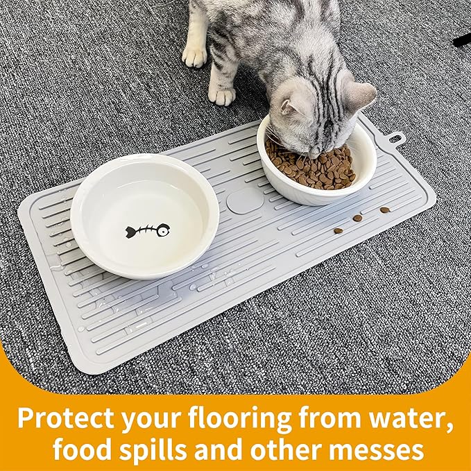Ptlom Pet Placemat for Dog and Cat, Anti-Slip Waterproof Dogs Feeding Mat Prevent Food and Water Overflow, Bowl Mats Suitable for Medium and Small Pets, Light Gray, Silicone