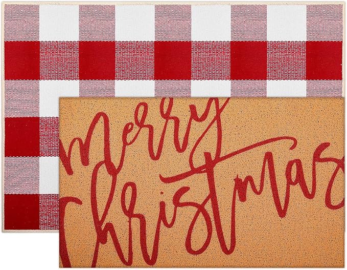 Tinideya 2 Pcs Door Mat Welcome Non Slip Coir Mats Floor Layering Doormats Seasonal for Front Porch Entryway Decor (23.6 x 35.4 Inches, Red White Plaid, Red White)