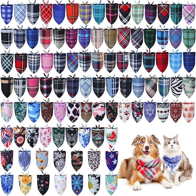 100 Pcs Plaid Dog Bandanas Bulk Pet Bibs Colorful Triangle Scarf Plaid Pet Bandanas for Medium Large Dogs Spring Summer Birthday Costume Decoration