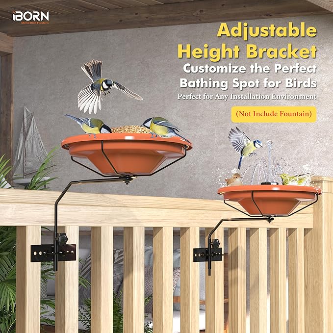 iBorn Bird Bath for Outside,Fence Mounted Bird Baths 12in,BPA-Free Bowl,360°Swivel & Adjustable Height Bracket,Detachable Bird Bath for Fence Railing, Pack of 1
