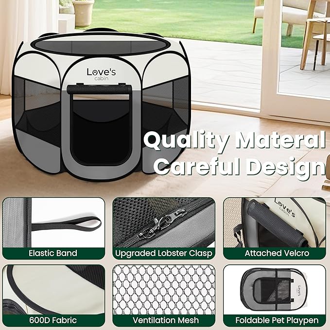 Love's cabin Pet Puppy Dog Playpen, Large Dog Tent Crates Cage Indoor/Outdoor, Portable Playpen for Cat, Foldable Pop Up Dog Kennel Playpen with Carring Case, Removable Zipper Top, Grey