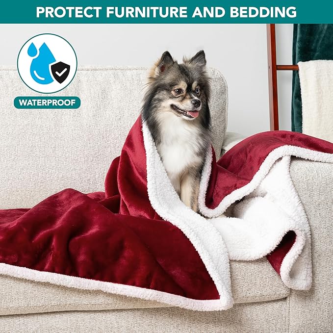 PetAmi Waterproof Dog Blanket for Small Medium Dog Puppy Cat Throw for Couch Cover Leakproof Protection, Sherpa Fleece, Reversible Soft Washable 29x40 Wine Red