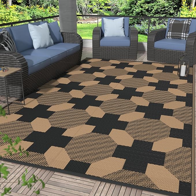 GENIMO Outdoor Rug for Patio Clearance, 6'x9' Reversible Geometric Plastic Straw Rugs, Lightweight Waterproof RV Camping Mat for Camper, Balcony, Deck, Backyard, Picnic, Black Brown