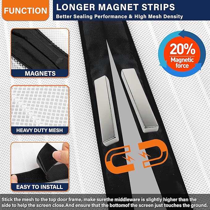 Magnetic Screen Door，Screen Door Mesh，Keep Bugs Out, Heavy-Duty Mesh Curtain,Pet and Kid Friendly, Works with Front Doors, Sliding Doors