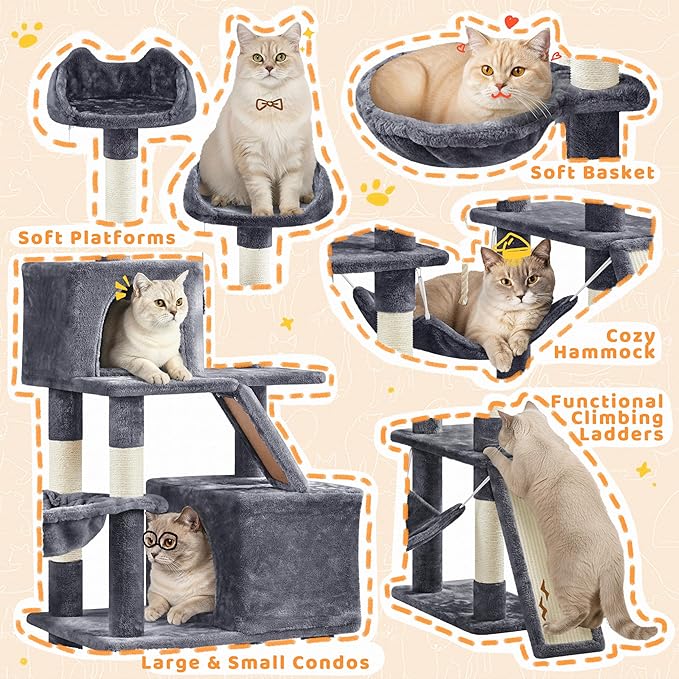 Yaheetech Cat Tree, 82.5in Large Tower w/Hammock, 2 Kitty-Ear Perches, 2 Cozy Condos, Scratching Posts, Basket, Furniture for Large Cats, Kittens, Dark Gray