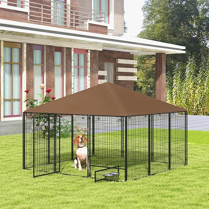PawHut Outside Dog Kennel, 7' x 7' x 5' Puppy Play Pen with Canopy, Garden Playpen Fence Crate Enclosure Cage Rotating Bowl, for Dogs, Chickens, Ducks, Black