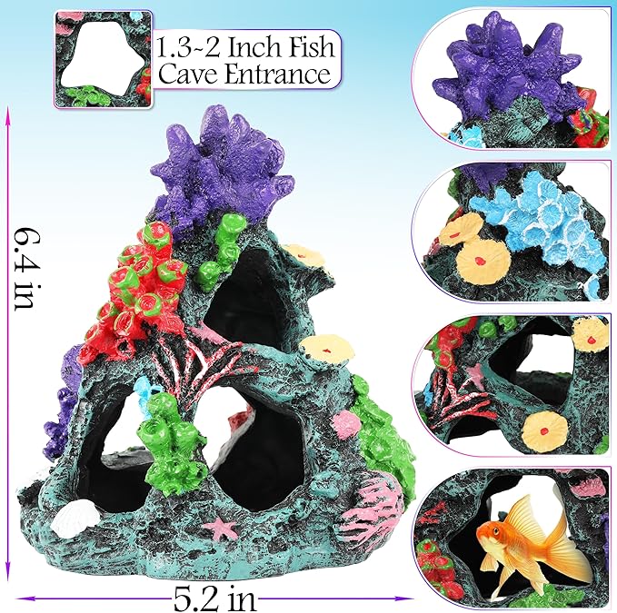 MyLifeUNIT Fish Tank Decorations, 7 Pieces Aquarium Plants Set with Coral Reef Decoration Mountain Cave Ornament for Betta, Goldfish, Shrimp to Breed, Play and Rest (Purple)