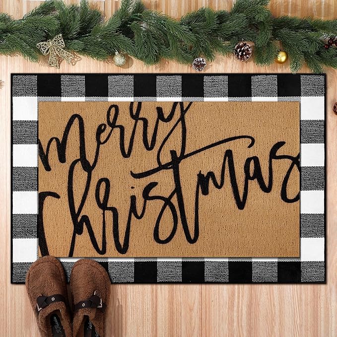 Tinideya 2 Pcs Door Mat Welcome Non Slip Coir Mats Floor Layering Doormats Seasonal for Front Porch Entryway Decor(Merry Christmas)