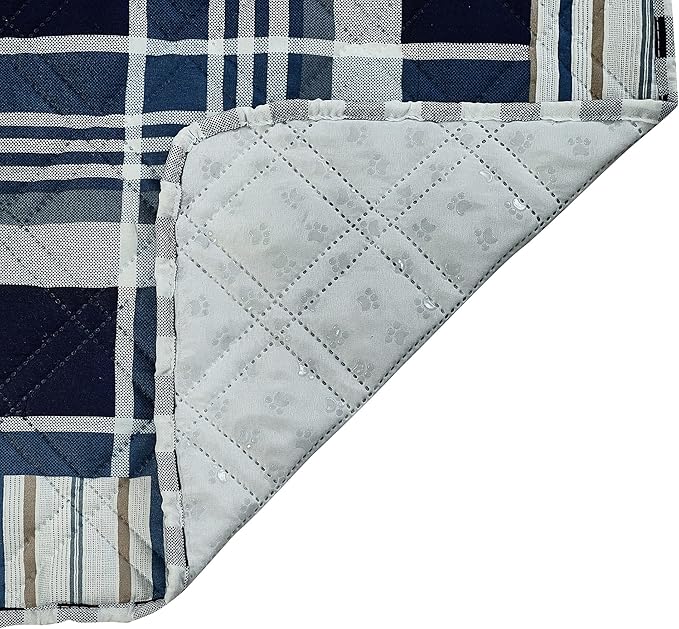 Brilliant Sunshine Quilted Calming Dog Bed Mat, Removable Washable Cover, Cushion Protector and Couch Covers for Dogs, Pets, Cats, Medium, Blue Plaids and Stripes Patchwork