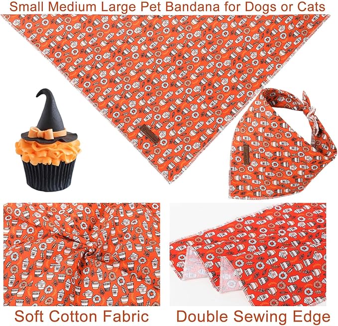 Fall Dog Bandana, Autumn Triangle Bid Scarf with Cup,Doughnut Pattern, Cotton Pet Kerchief for Girl Boy Dogs or Cats, Cute Puppy Bandana Fancy Bandana for Dogs
