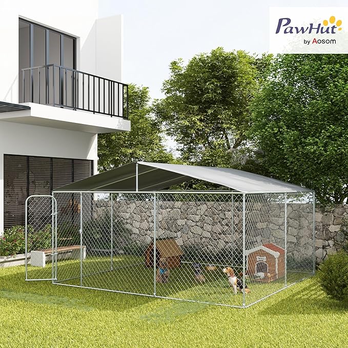PawHut Outdoor Dog Kennel, Heavy Duty Dog Run Outdoor Fence with Waterproof Cover, Galvanized Chain Link, Secure Lock, for Large Breeds, Chickens, Ducks, 15' x 15' x 7.5'