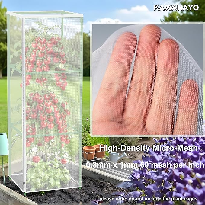 Garden Bird Netting Plant Cover for Square Tomato Cage, 59" x 17.7" Insect Barrier Tomato Cage Net with Zipper and Drawstring, Tomato Trellis Netting Protection Cover for Protecting Plant (6 Pack)