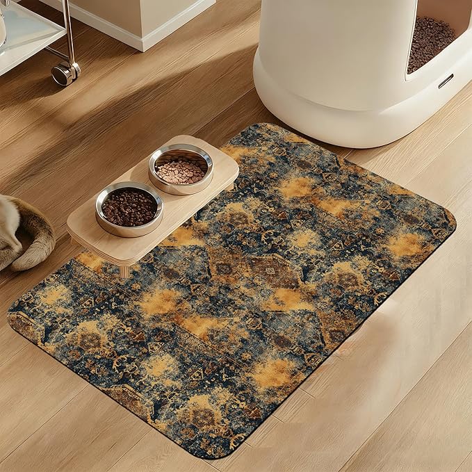 Grunge Boho Pet Feeding Mat for Floors–Christmas Stocking Absorbent Quick Dry Dog Cat Bowl Mat for Food and Water, Non Slip Waterproof Base, Mess-Free Feeding Accessories 16"x24"