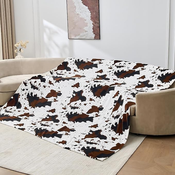 Bnuitland Cow Printed Fleece Flannel Throw Blanket, 300 GSM Double Sided Fuzzy Fluffy Blanket for Bed Sofa Couch Travel, Super Soft Lightweight for Adults and Kids, 90×108 inch