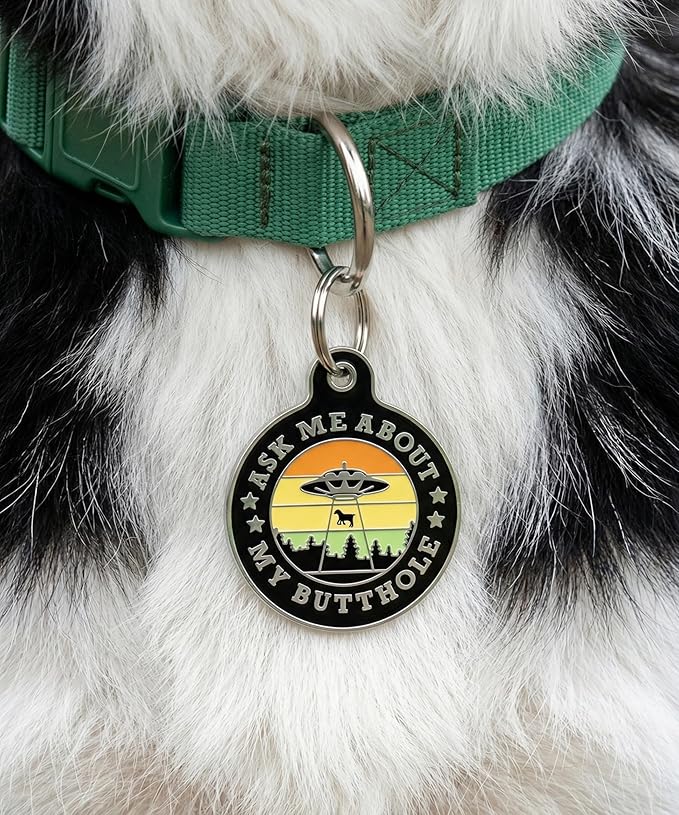 Bad Tags Personalized Dog and Cat ID Tags in 25+ Designs and 2 Sizes - 5 Lines of Custom Engraved Text - Funny Cute Personalized Pet Tags (Ask Me About My Butthole - Black, Large (1.25 inch))