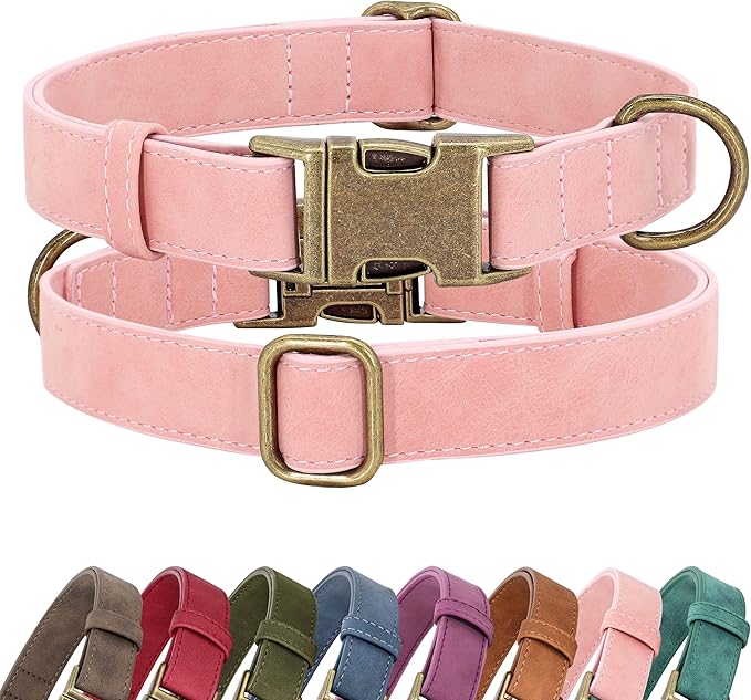 Didog Soft PU Leather Dog Collar, Stylish Quick Released Dog Collars for Medium Dogs, Easy Clean Adjustable Pet Collar for Daily Walking, Pink, M Fit 13-21" Neck