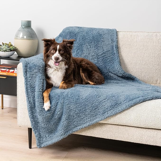 PetAmi Fluffy Waterproof Dog Blanket for Small Medium Dogs, Soft Warm Pet Sherpa Throw Pee Proof Couch Cover, Reversible Cat Puppy Bed Blanket Sofa Protector, Plush Washable Pad (Dusty Blue, 29x40)