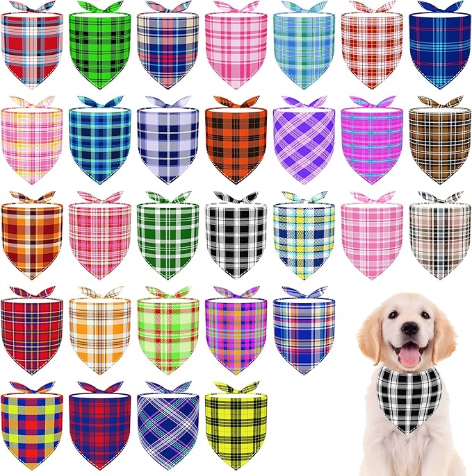 30 Pcs Plaid Dog Bandanas for Small Dogs Medium Stitch Dog Bandana Bulk Reversible Print One Side Large Polyester Scarves Party Grooming M