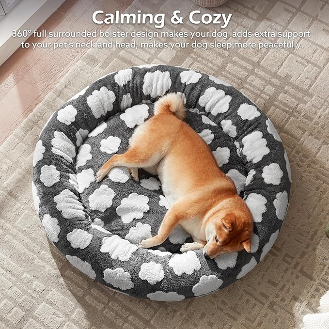 JOEJOY Donut Dog Bed Medium Size Dog, Cute Round Calming Pet Bed with Removable Washable Cover, Orthopedic Puppy Bed with Jacquard Shaggy Plush & Non Skid Bottom