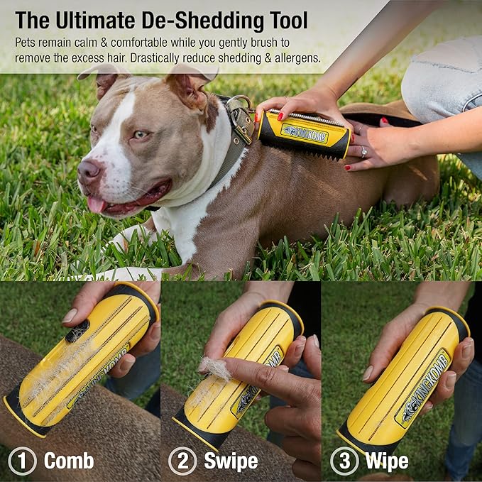King Kanine Deshedding Dog Brush - Self Cleaning Deshedding Brush for Cats Dogs and Horses - Pet Comb for Grooming and Removing Loose Hair - Designed for Short to Medium Coats of All Stages