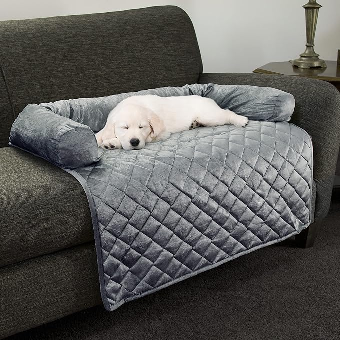 Couch Cover for Dogs - 35x35 Pet Furniture Protector with Memory Foam Neck Bolster, Quilted Fabric, and Water-Resistant Base Layer by PETMAKER (Gray)