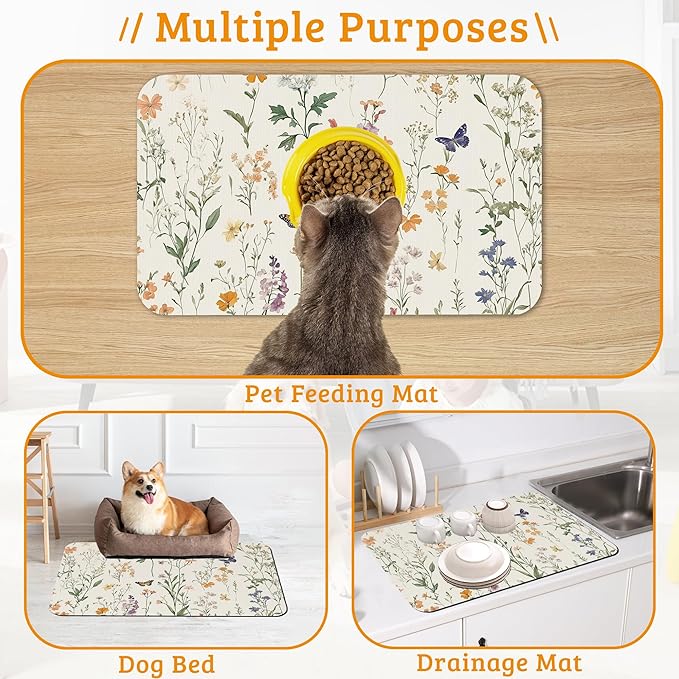 Wildflowers Butterfly Dog Cat Food Mat,Plants Absorbent Waterproof Placemat for Food and Water Non Slip Rubber Backing Durable Feeding Pad for Clean Floors 12" x 20"
