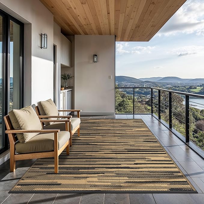 GENIMO Outdoor Rug for Patio Clearance, 6'x9' Waterproof Camping Mat, Reversible Plastic Straw Rugs for RV, Camper, Balcony, Backyard, Picnic, Deck (Black Brown)