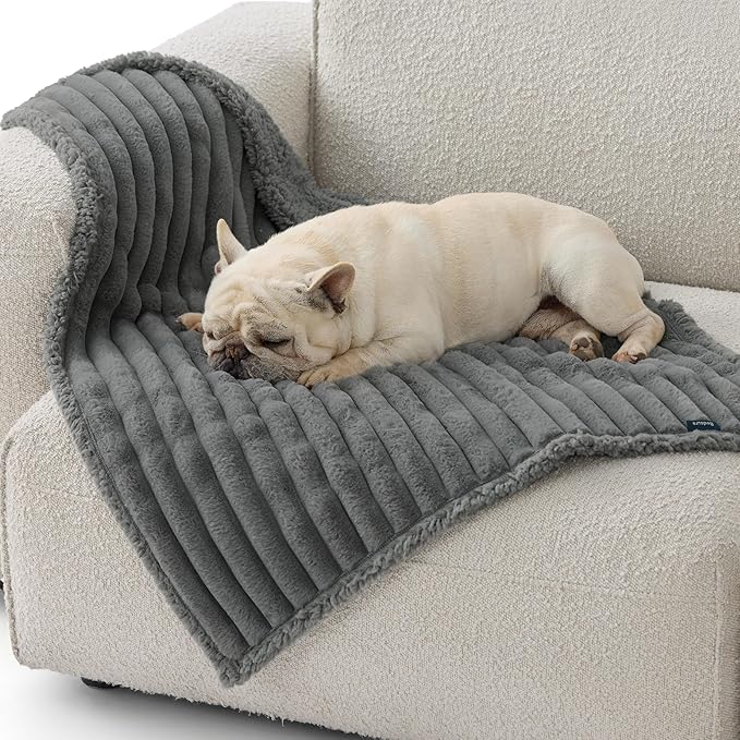 Bedsure ComfyFleece™ Waterproof Dog Blankets for Medium Dogs - Soft Puppy Cat Blanket Corduroy Fleece Washable, Cozy Calming Reversible Furniture Protection for Pet Kitten Doggy,30"x40", Warm Grey
