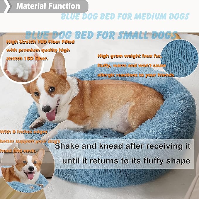 Calming Donut Dogs Beds for Small Dogs Washable,28inch Plush Round Pet Bed for Cozy Sleep,Fluffy Faux Fur Large Cat Bed,Fits up to 30 lbs Pets,Washed Blue