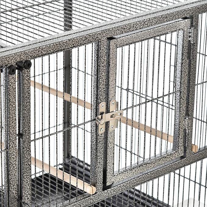 PawHut Divided Breeder Bird Cage with Rolling Stand Removable Metal Tray, Storage Shelf, Wood Perch, and Food Container