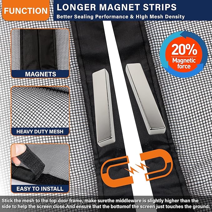 Magnetic Screen Door，Fiberglass Screen Door Mesh，Keep Bugs Out, Heavy-Duty Mesh Curtain,Pet and Kid Friendly, Works with Front Doors, Sliding Doors（38x83 Inch Fiberglass